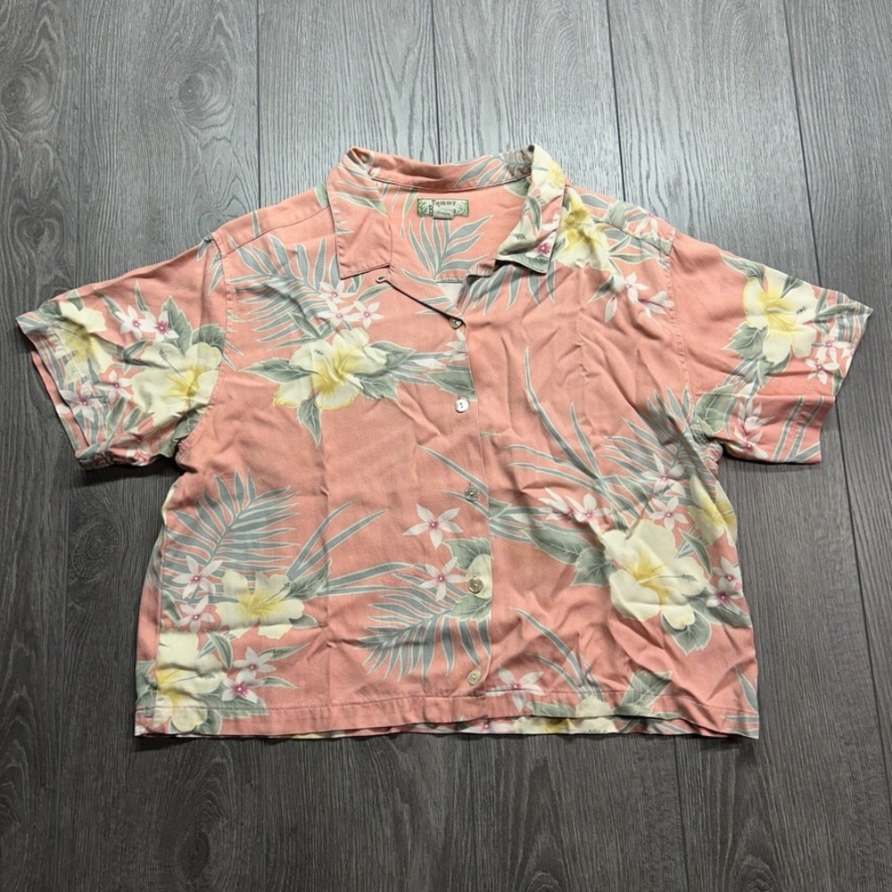 Tommy Bahama Womens Silk Floral Tropical Camp Shirt Coral Cropped Large RN 86549